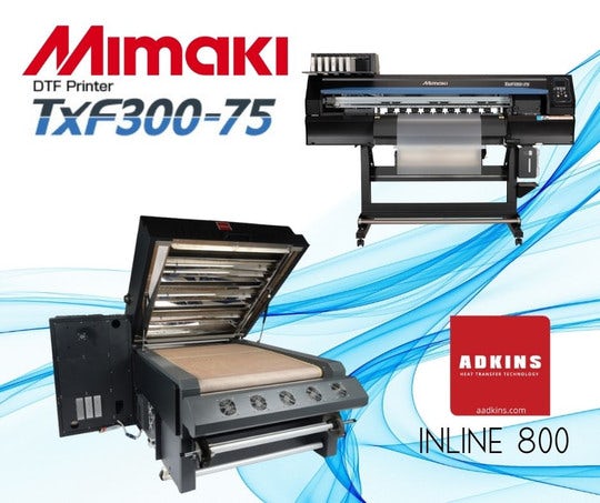 Mimaki TxF300-75 ja Adkins Inline 800 laiteyhdistelmä
